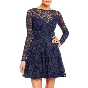 B Darlin Bow Back Glitter Lace Fit and Flare Dress